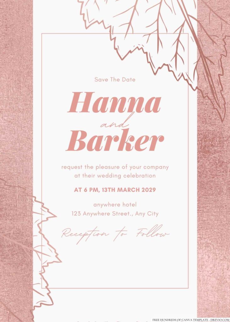 Free Editable Leaves Illustration Rose Gold Wedding Invitation