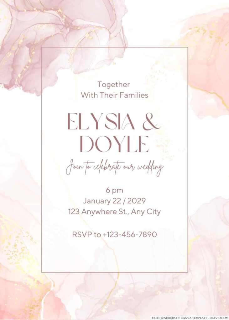 Free Editable Rose Gold Pink Alcohol Ink Wedding Invitation