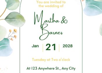 Free Editable Minimalist Greenery Dark Leaves Wedding Invitation