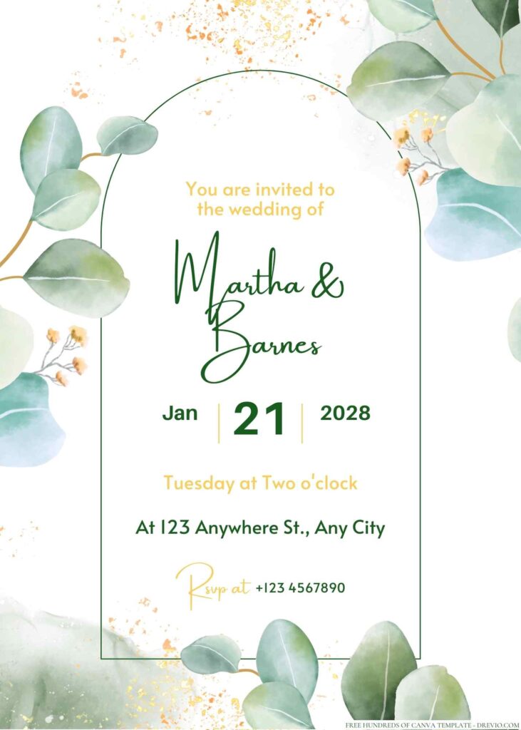 Free Editable Minimalist Greenery Dark Leaves Wedding Invitation