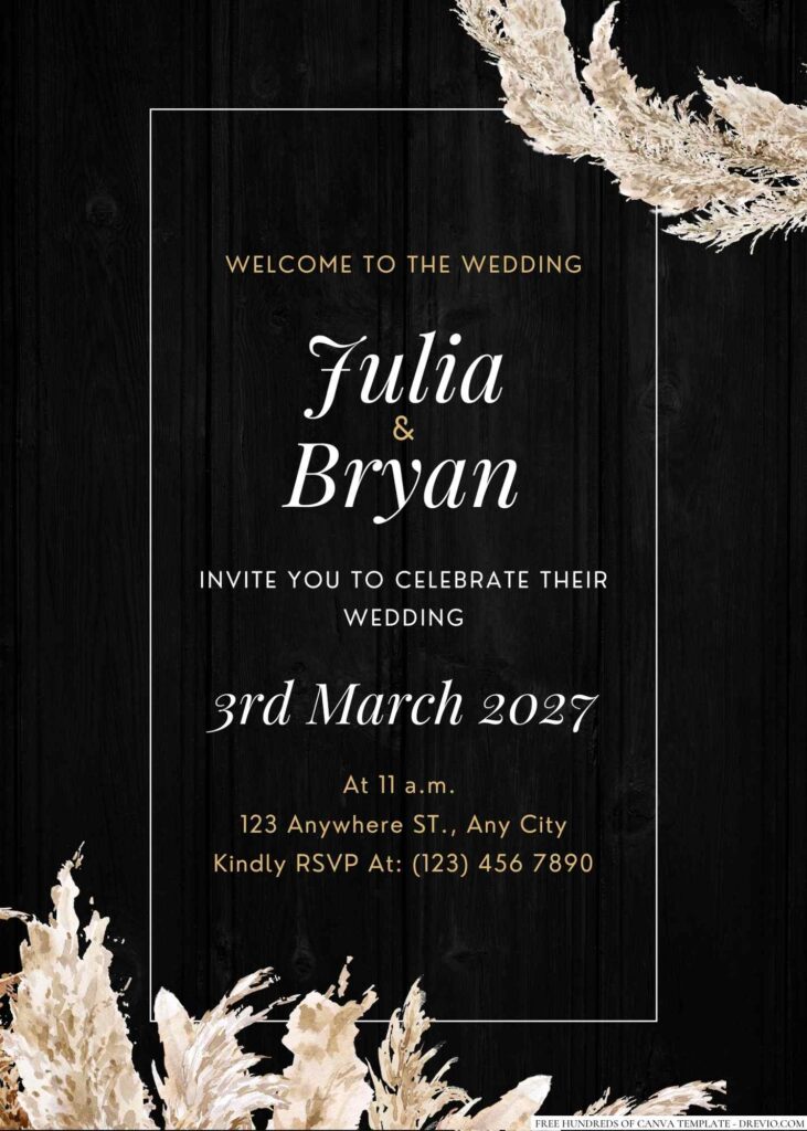 Free Editable Wood Watercolor Pampass Grass Floral Wedding Invitation