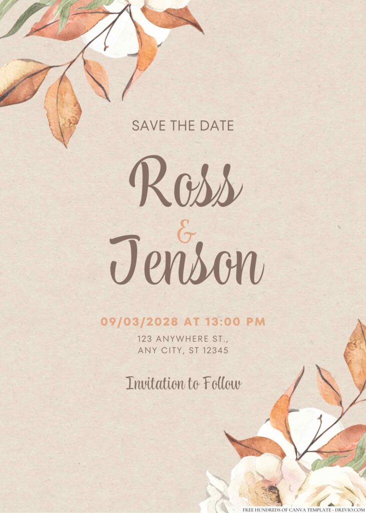 Free Editable Rustic Autumn Flower Watercolor Wedding Invitation 