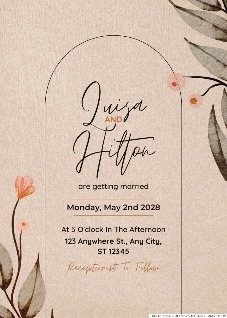 Free Editable Rustic Watercolor Green Dried Leaves Wedding Invitation