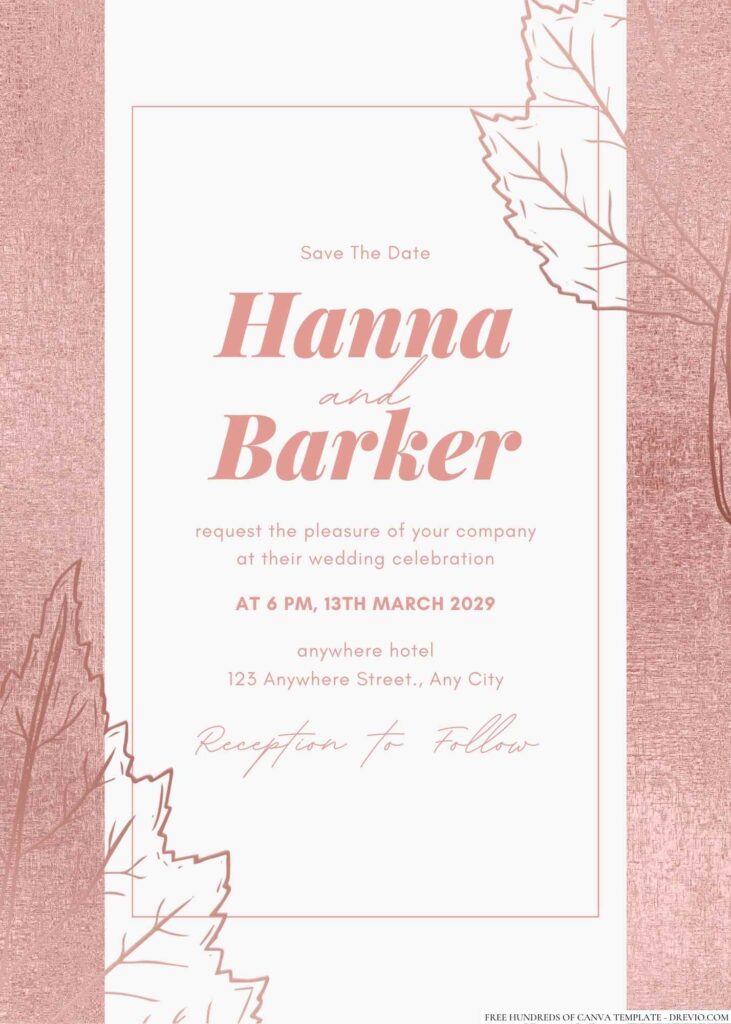 Free Editable Leaves Illustration Rose Gold Wedding Invitation