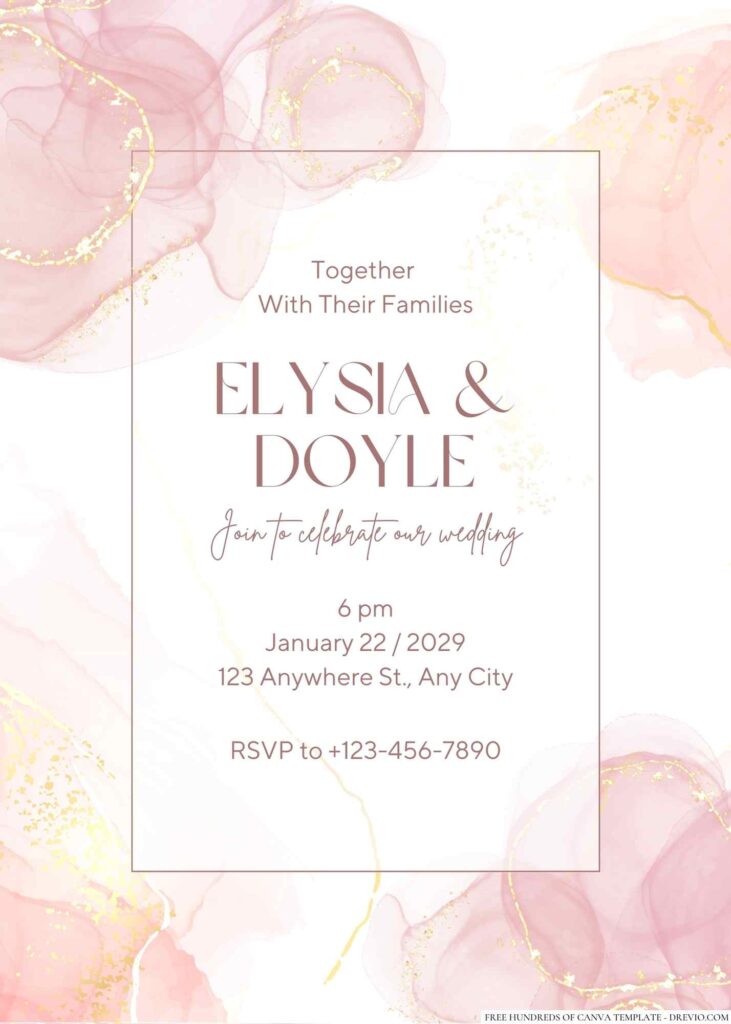 Free Editable Rose Gold Pink Alcohol Ink Wedding Invitation