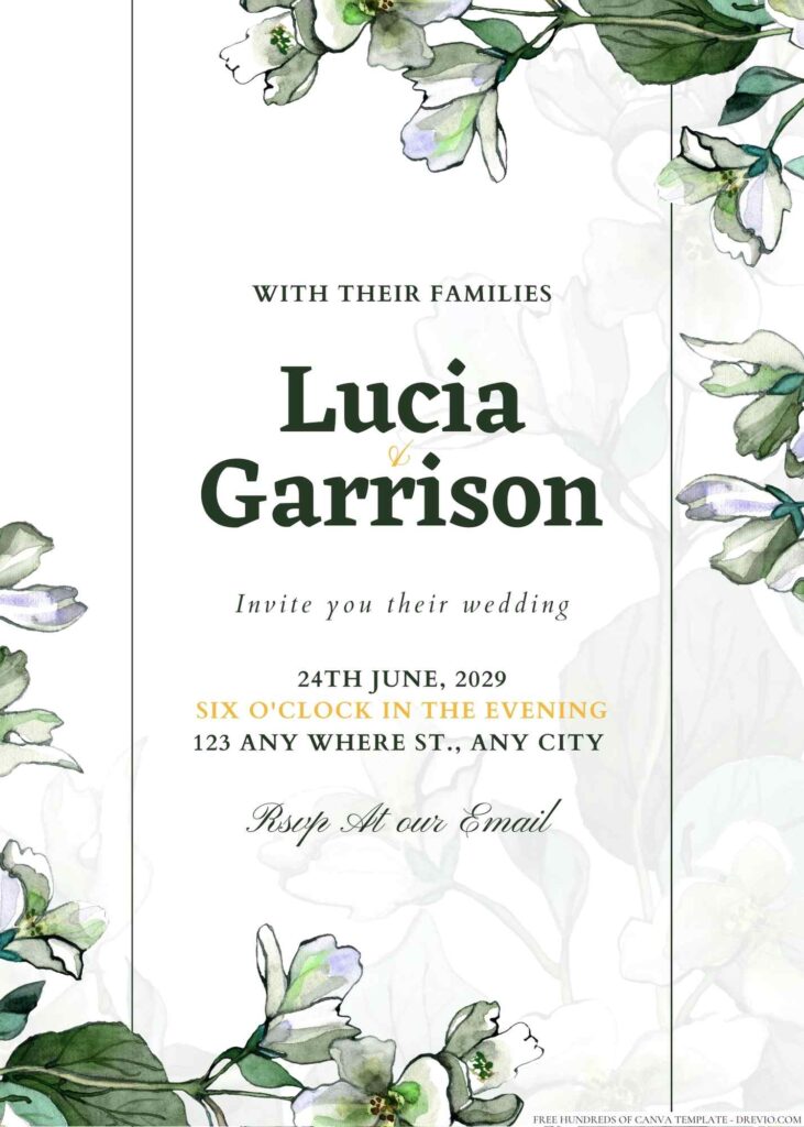 Free Editable Minimalist Greenery Jasmine Floral Wedding Invitation