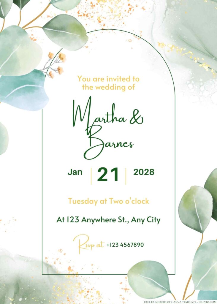 Free Editable Minimalist Greenery Dark Leaves Wedding Invitation