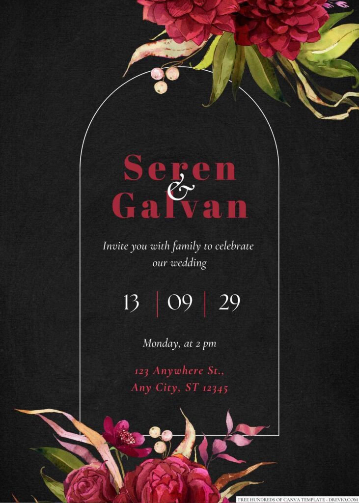 Free Editable Chalkboard Watercolor Burgundy Floral Wedding Invitation