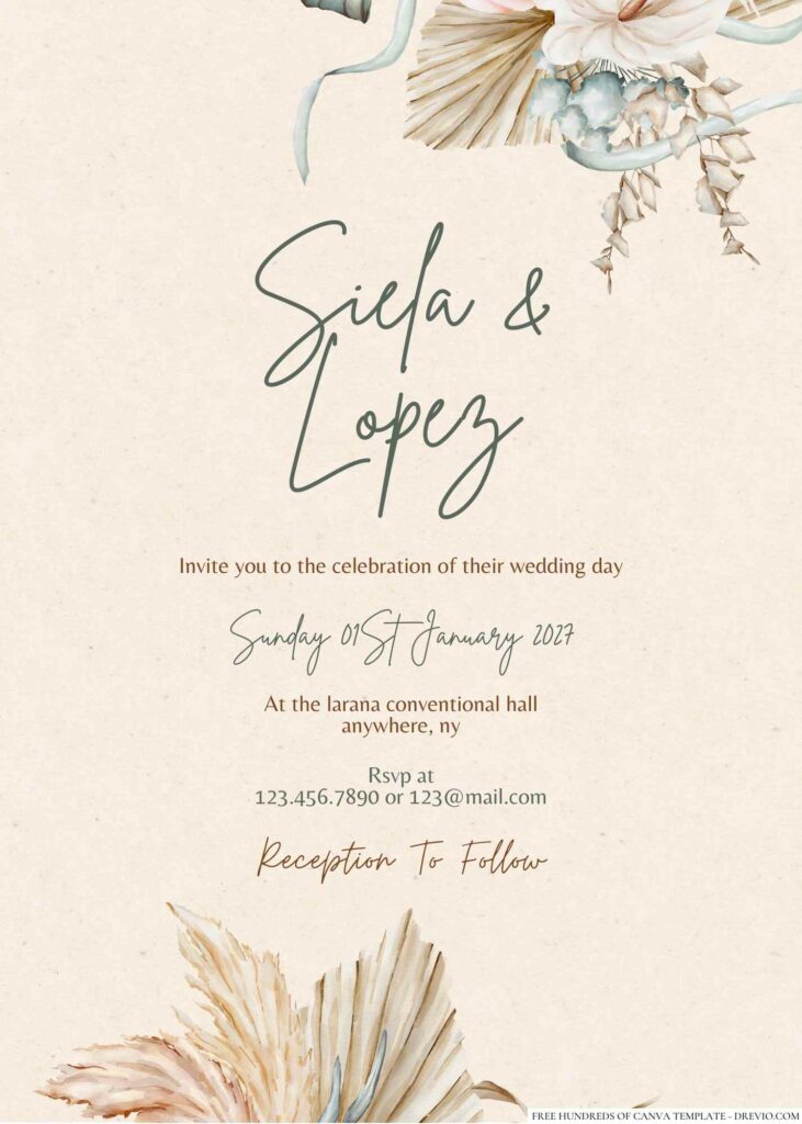 Free Editable Rustic Dried Tropical Green Wedding Invitation