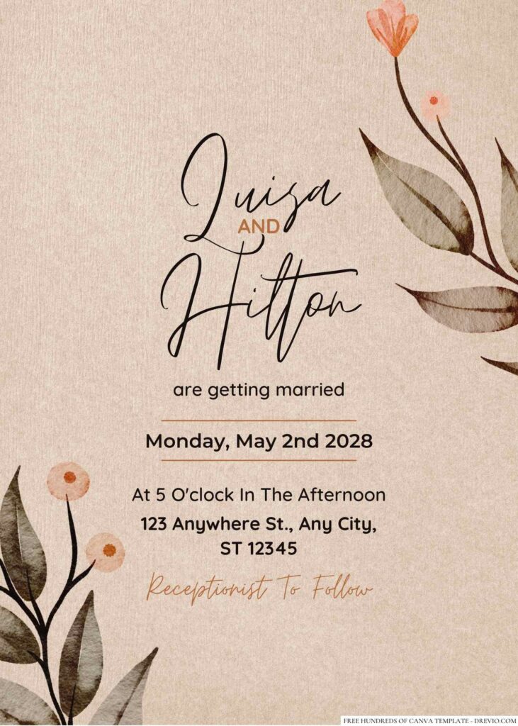 Free Editable Rustic Watercolor Green Dried Leaves Wedding Invitation