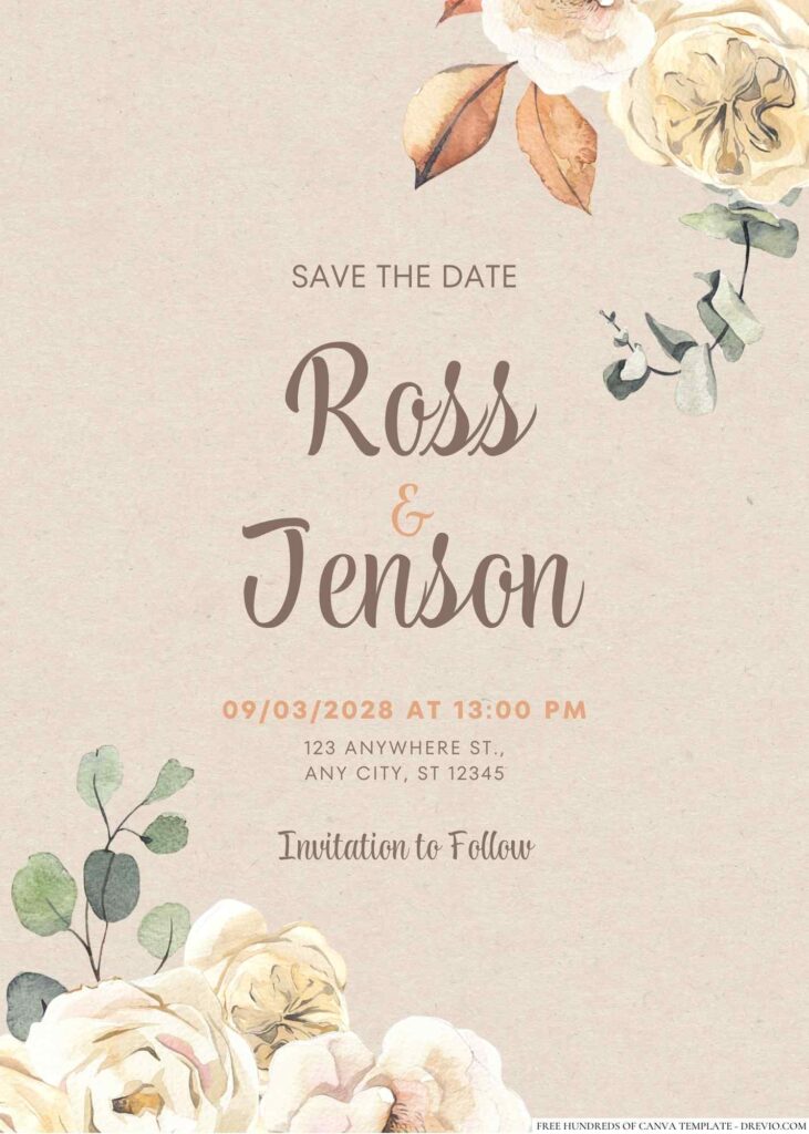 Free Editable Rustic Autumn Flower Watercolor Wedding Invitation 