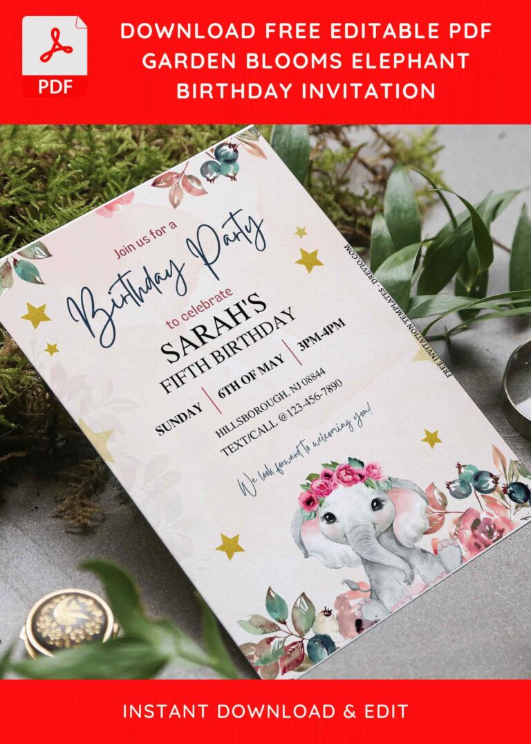 (Free Editable PDF) Rustic Greenery Elephant Birthday Invitation Templates