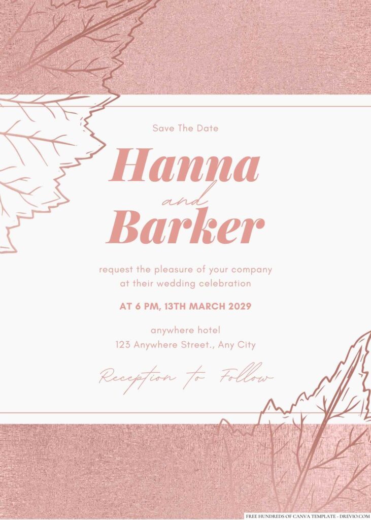 Free Editable Leaves Illustration Rose Gold Wedding Invitation