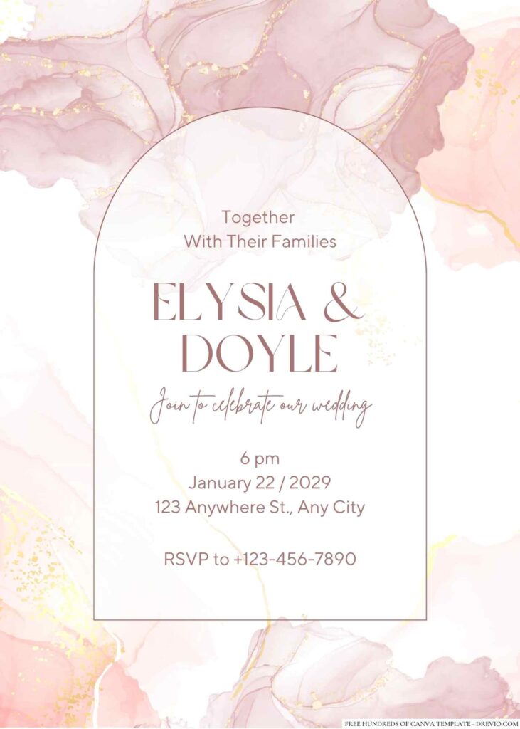 Free Editable Rose Gold Pink Alcohol Ink Wedding Invitation