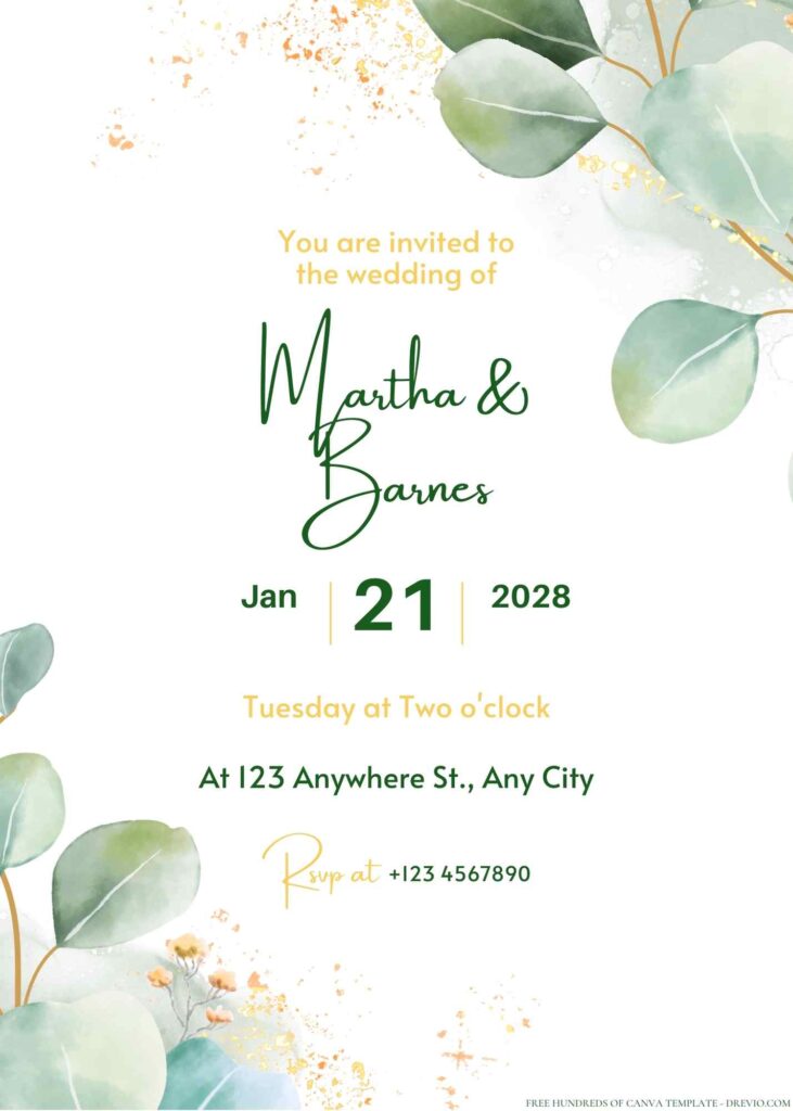 Free Editable Minimalist Greenery Dark Leaves Wedding Invitation