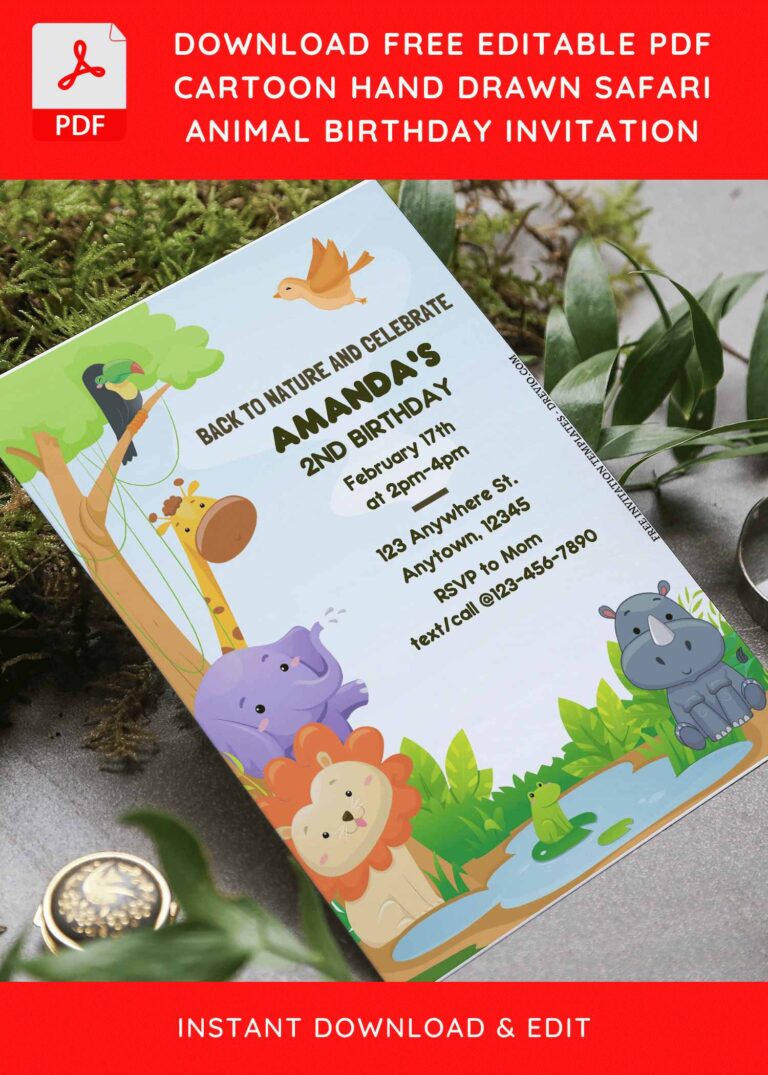 (Free Editable PDF) Back To Nature Jungle Themed Birthday Invitation Templates