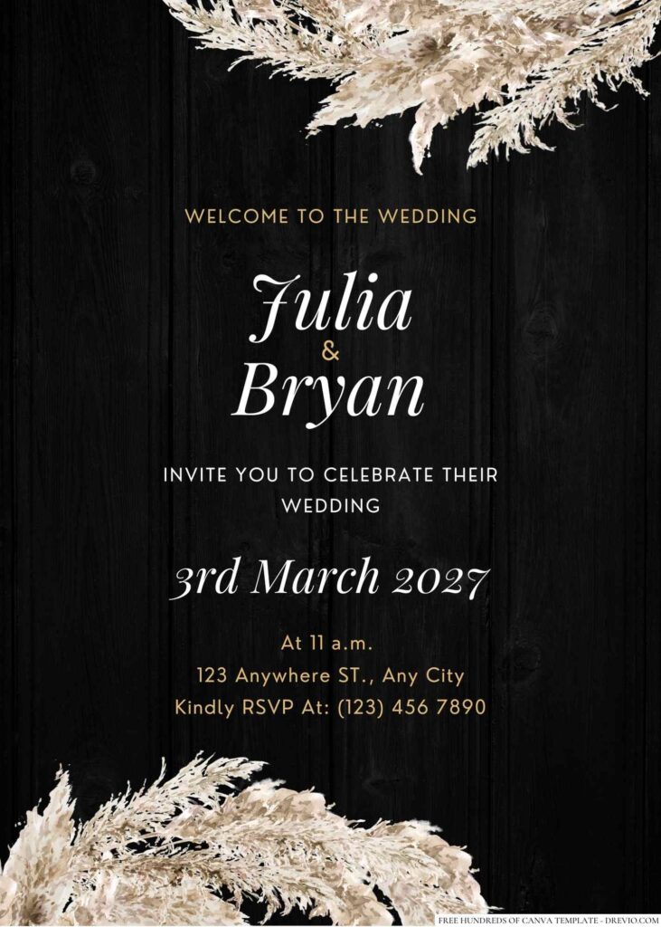 Free Editable Wood Watercolor Pampass Grass Floral Wedding Invitation