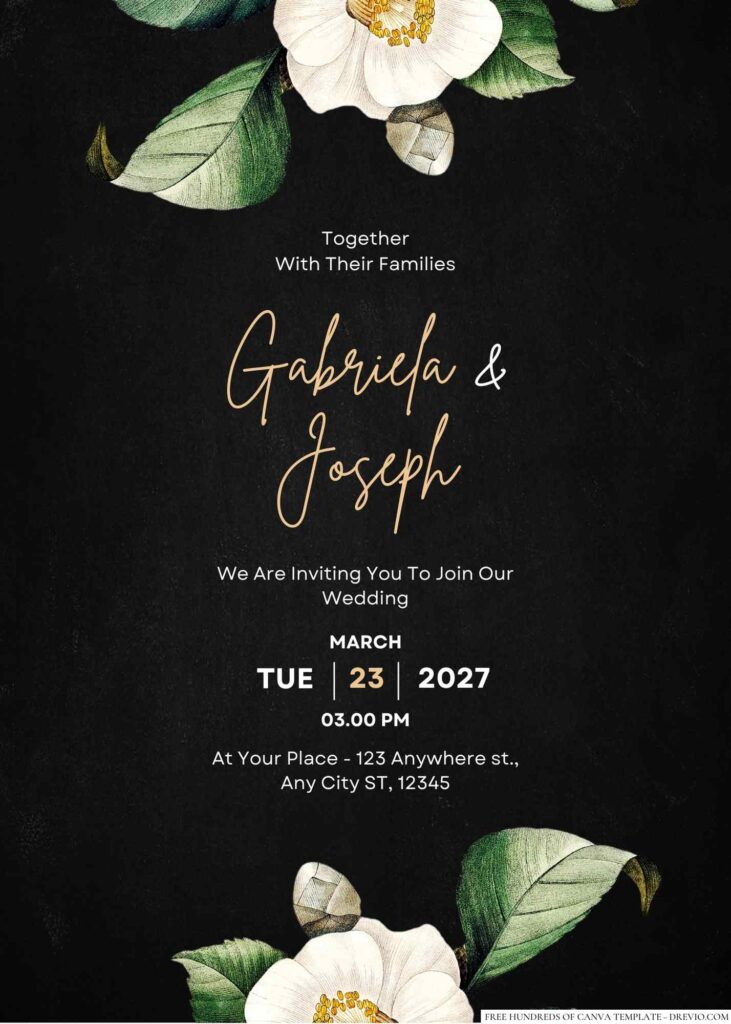 Free Editable Chalkboard Camellia White Floral Wedding Invitation
