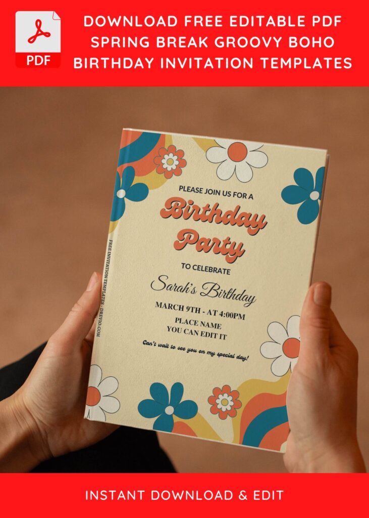 (Free Editable PDF) Groovy Summer Boho Daisy Birthday Invitation Templates E