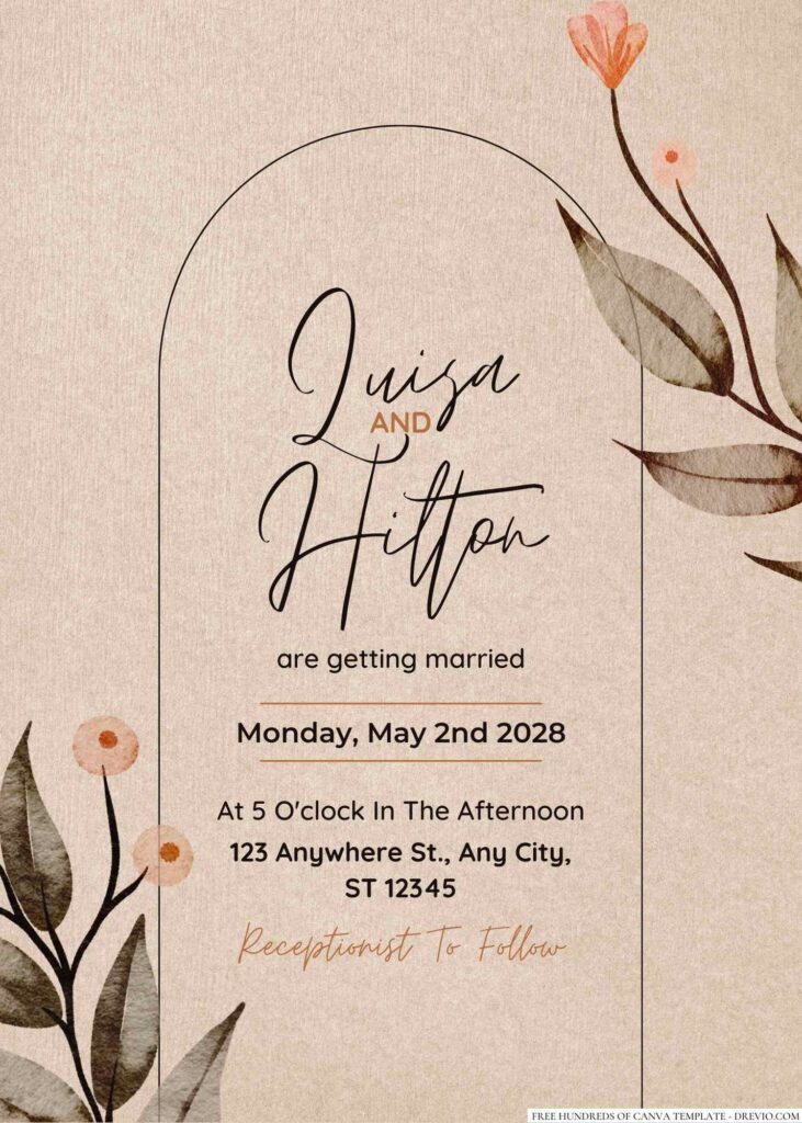 Free Editable Rustic Watercolor Green Dried Leaves Wedding Invitation