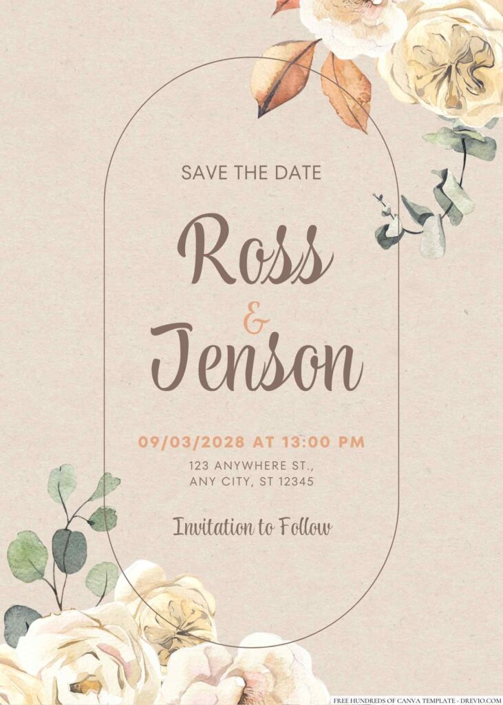 Free Editable Rustic Autumn Flower Watercolor Wedding Invitation 