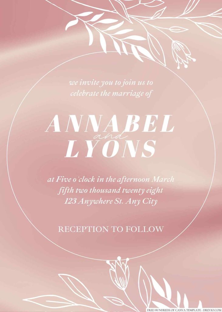 Free Editable Rose Gold Line Floral White Wedding Invitation