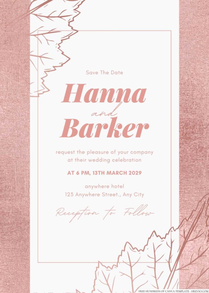 Free Editable Leaves Illustration Rose Gold Wedding Invitation