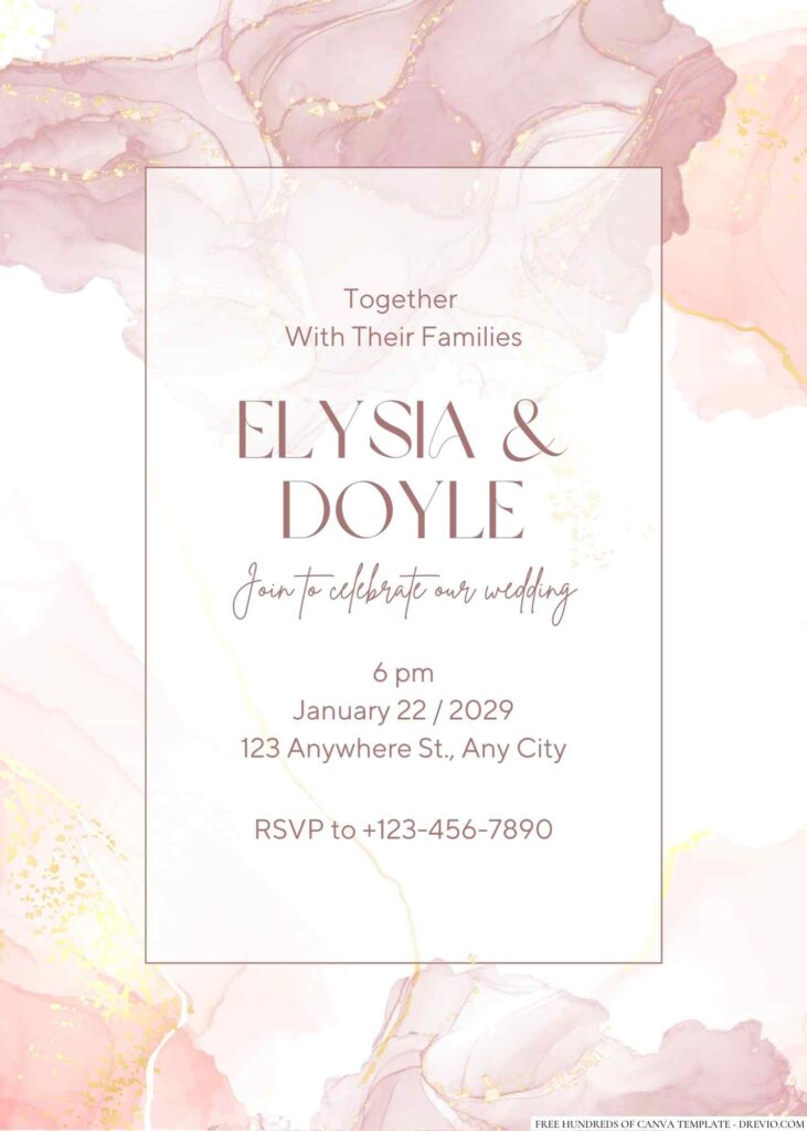 Free Editable Rose Gold Pink Alcohol Ink Wedding Invitation