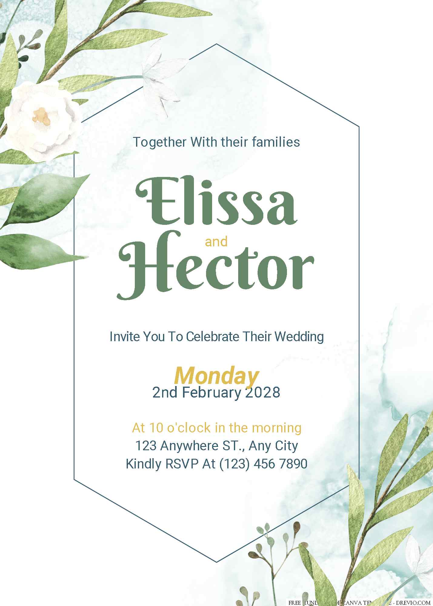 18+ Minimalist Greenery Leaves White Floral Canva Wedding Invitation Templates