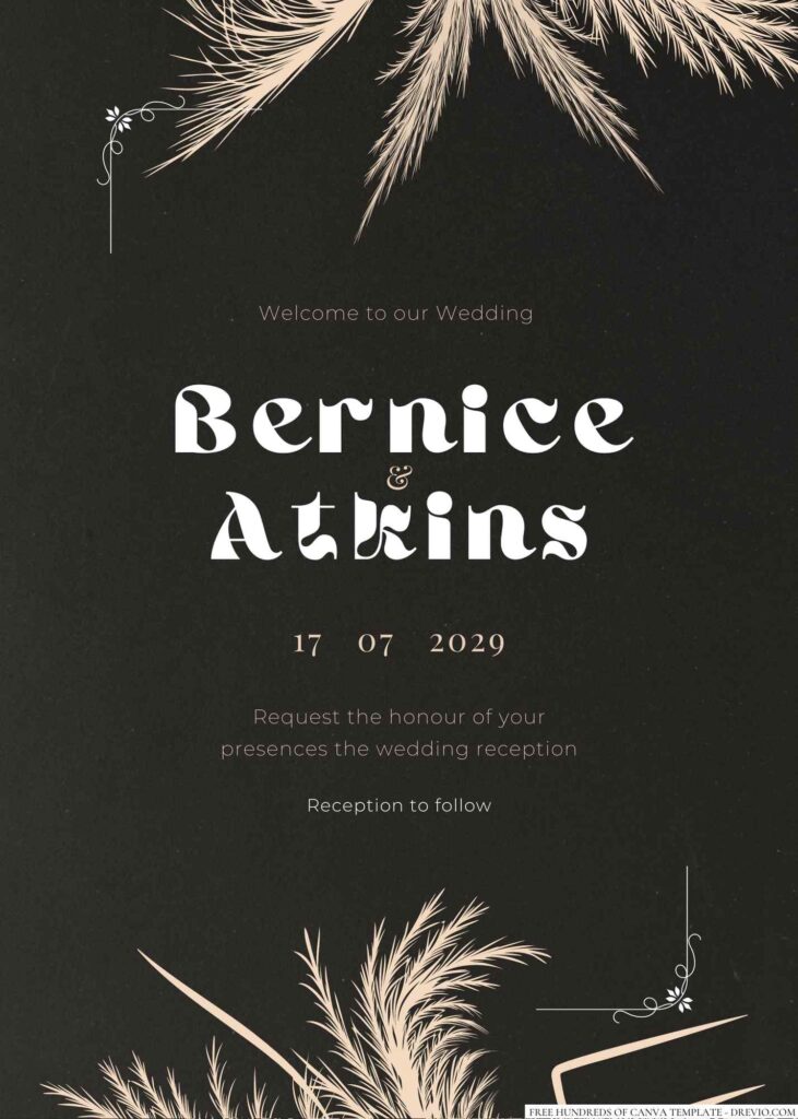 Free Editable Chalkboard Dry Pampas Grass Wedding Invitation