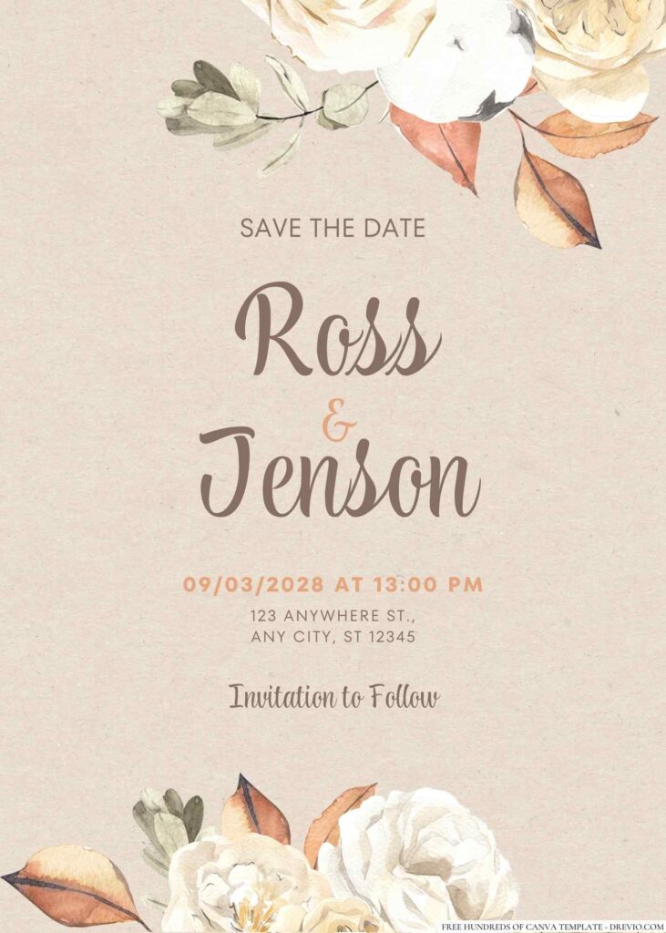 Free Editable Rustic Autumn Flower Watercolor Wedding Invitation 