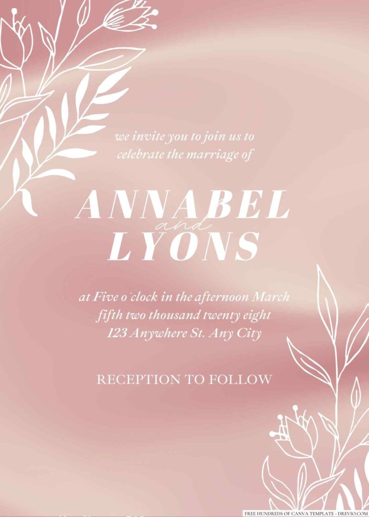 Free Editable Rose Gold Line Floral White Wedding Invitation