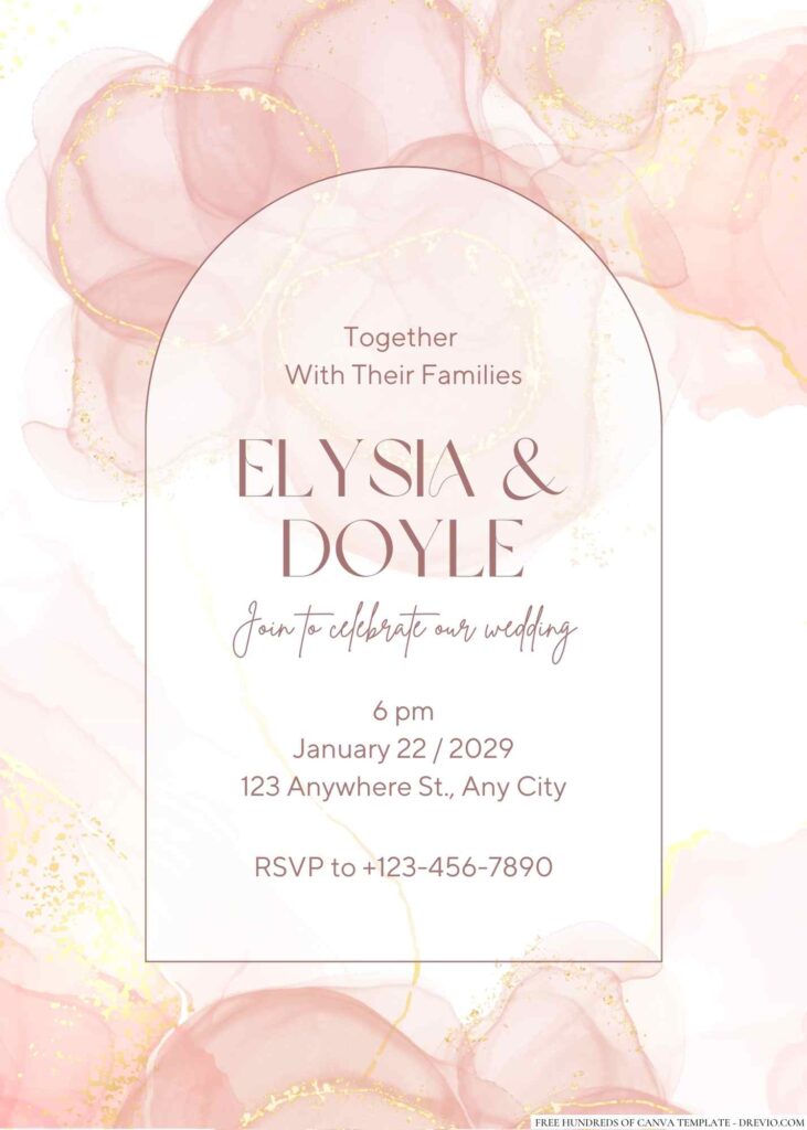 Free Editable Rose Gold Pink Alcohol Ink Wedding Invitation