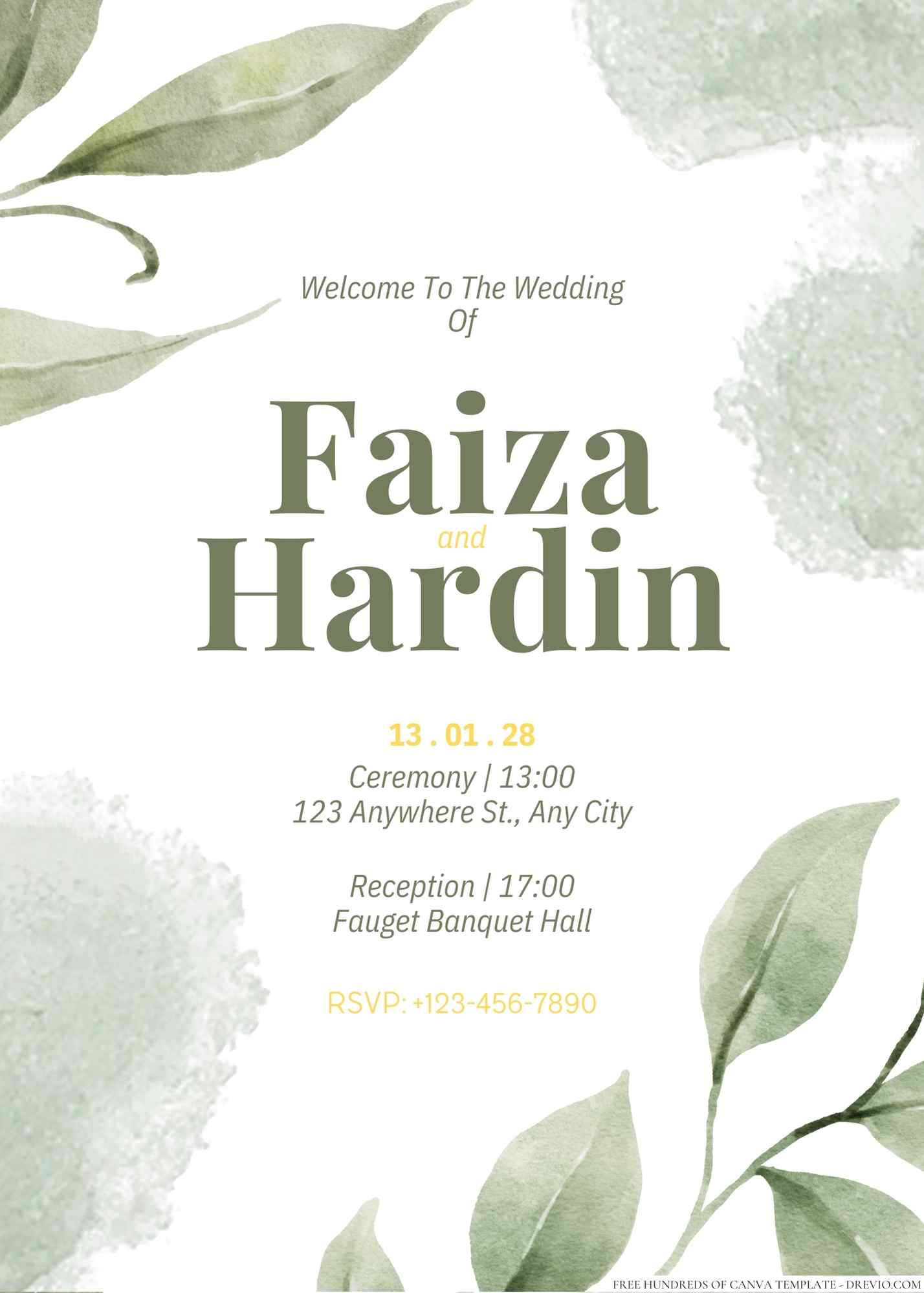 18+ Minimalist Greenery Leaf Watercolor Canva Wedding Invitation Templates