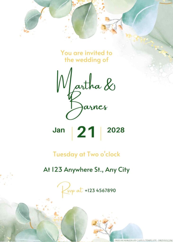 Free Editable Minimalist Greenery Dark Leaves Wedding Invitation