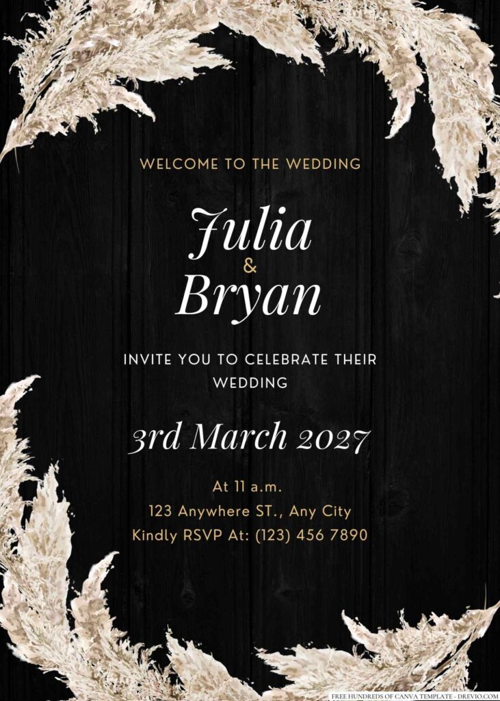 Free Editable Wood Watercolor Pampass Grass Floral Wedding Invitation