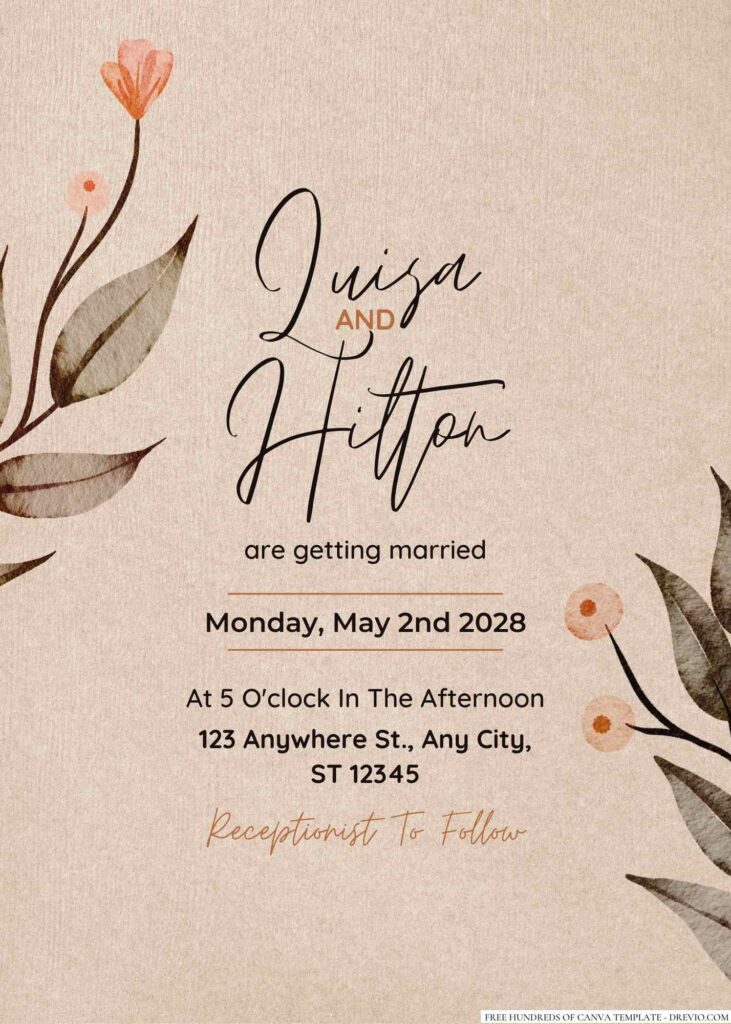 Free Editable Rustic Watercolor Green Dried Leaves Wedding Invitation