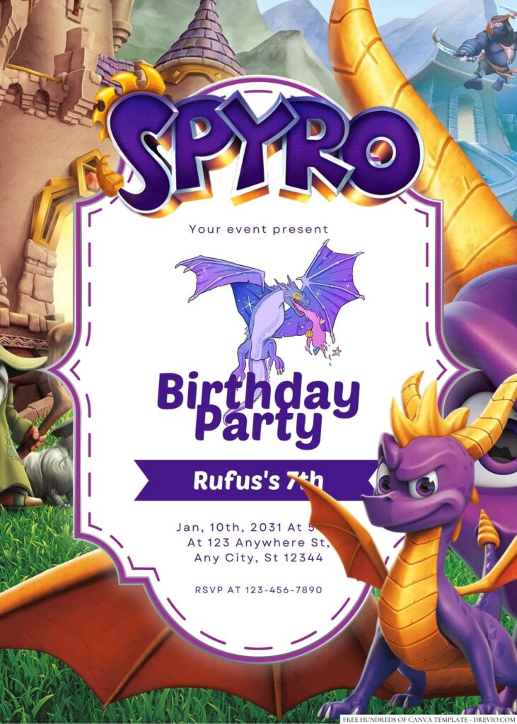 Free Editable Spyro the Dragon Birthday Invitation