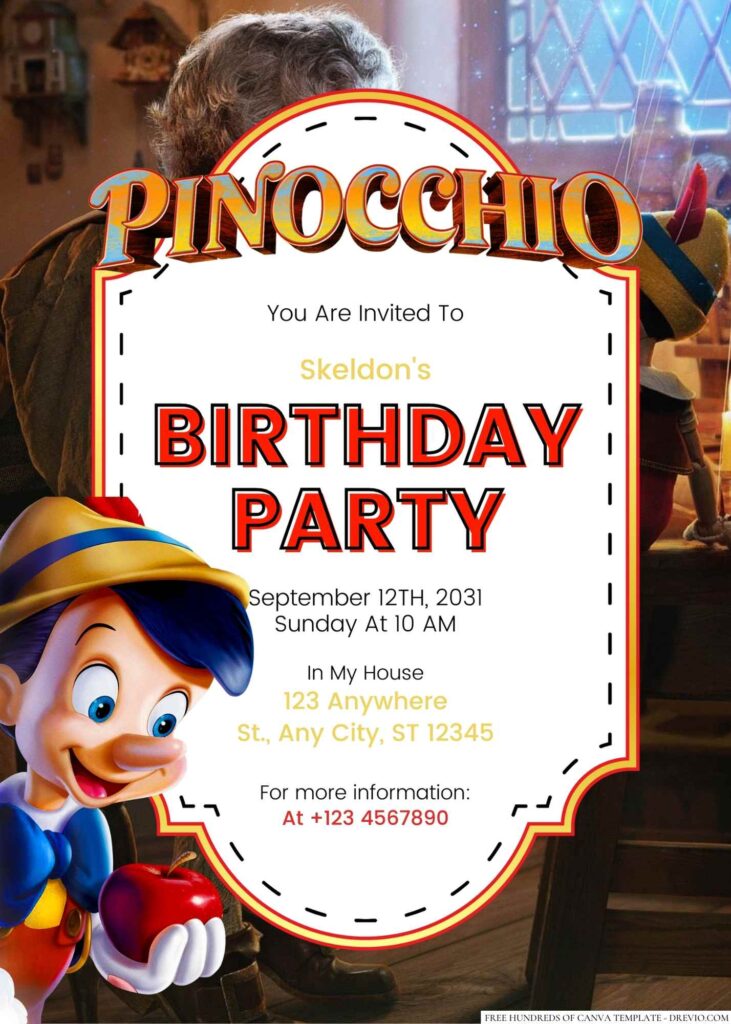 Free Editable Pinocchio Birthday Invitation
