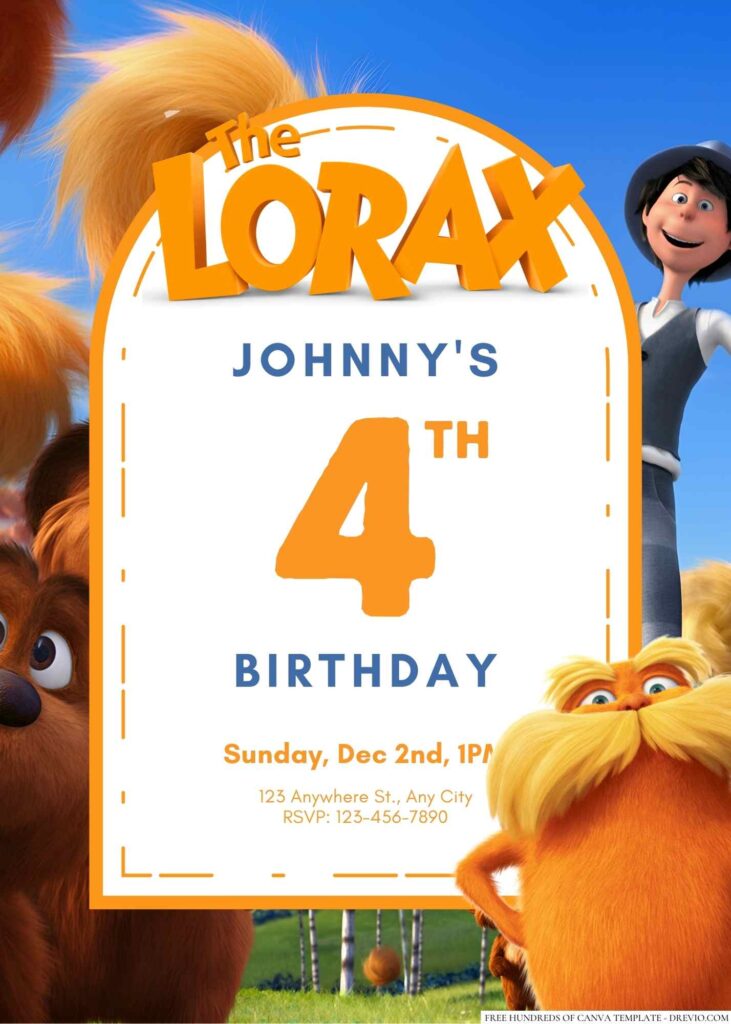 Free Editable The Lorax Birthday Invitation