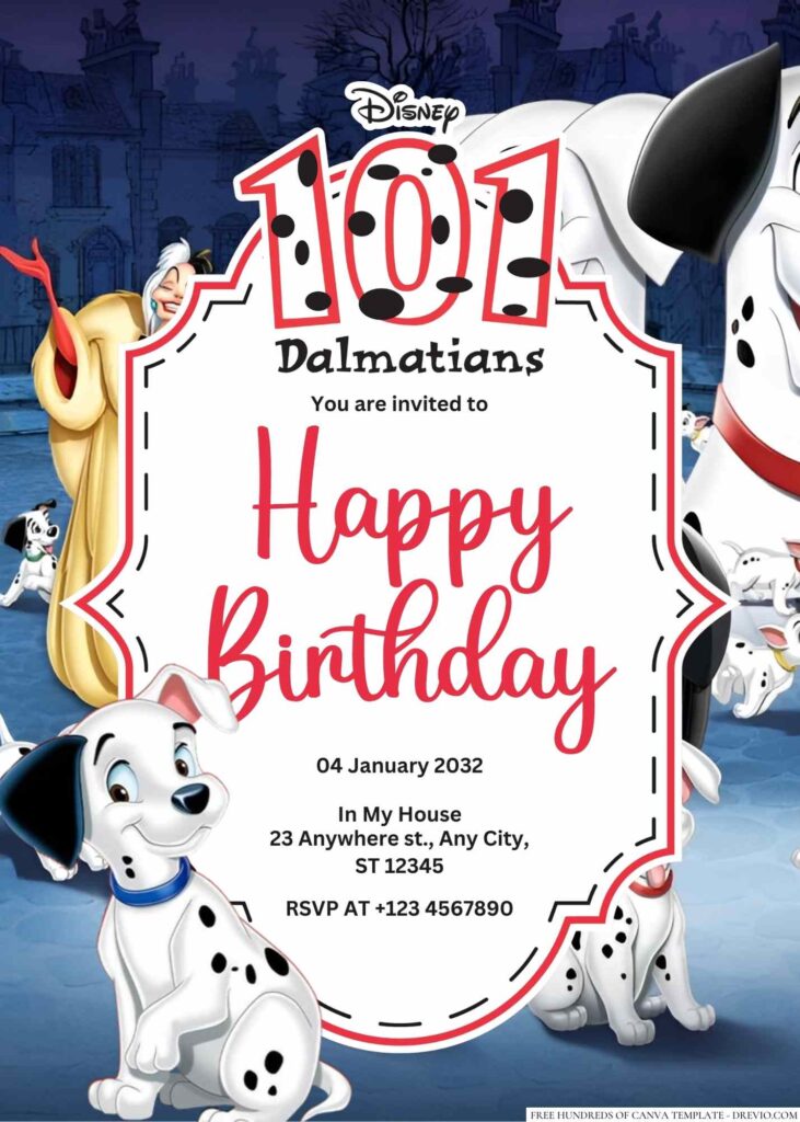 Free Editable One Hundred and One Dalmatians Birthday Invitation