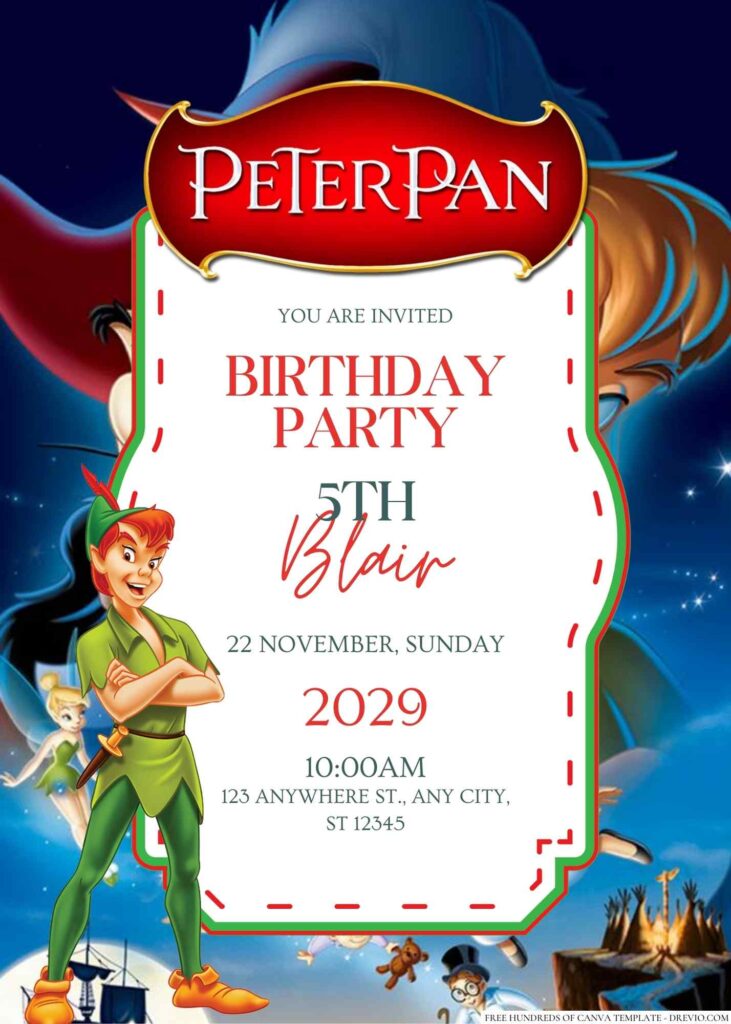 Free Editable Peter Pan Birthday invitation