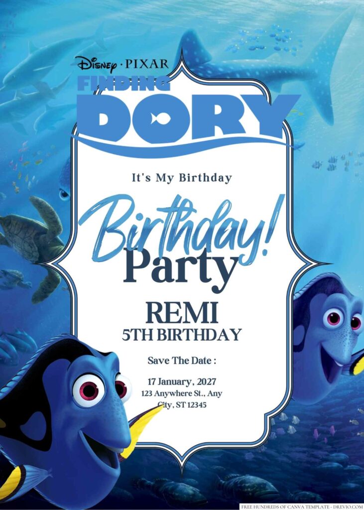 Free Editable Finding Dory Birthday Invitation