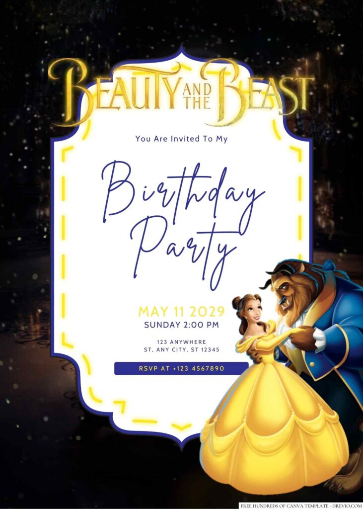 Free Editable Beauty and the Beast Birthday Invitation