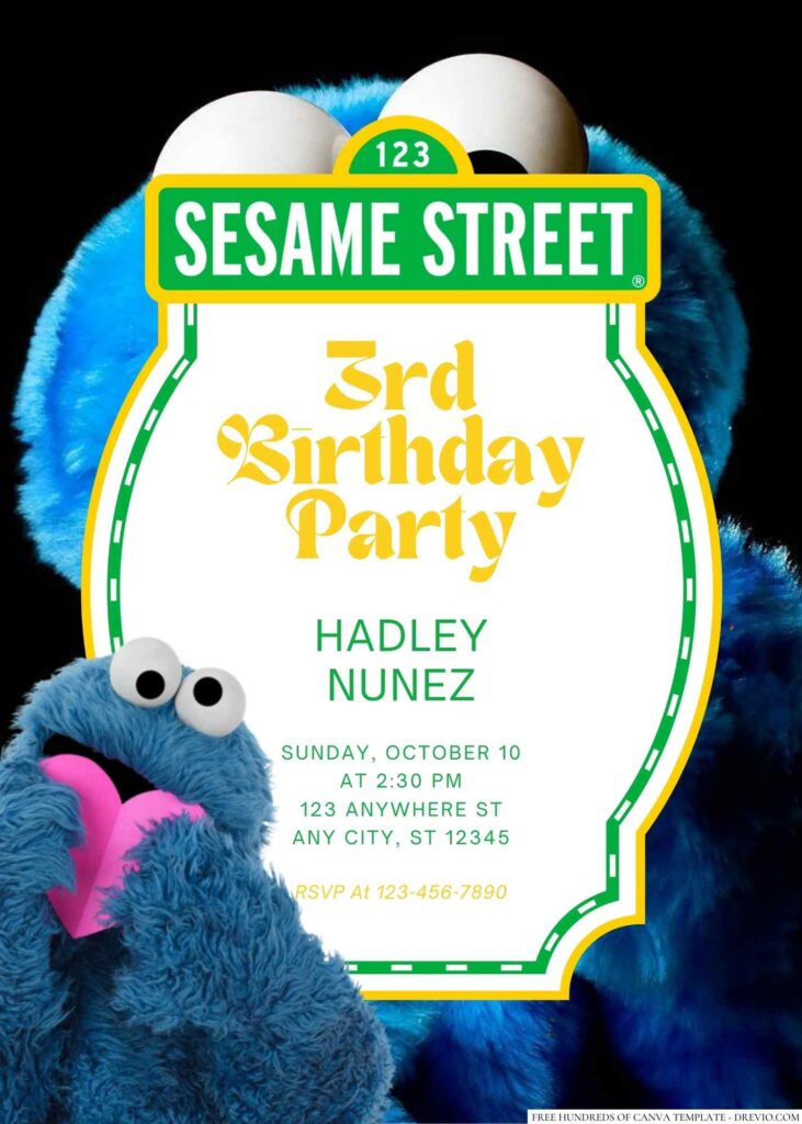Free Editable Cookie Monster from Sesame Street Birthday Invitation