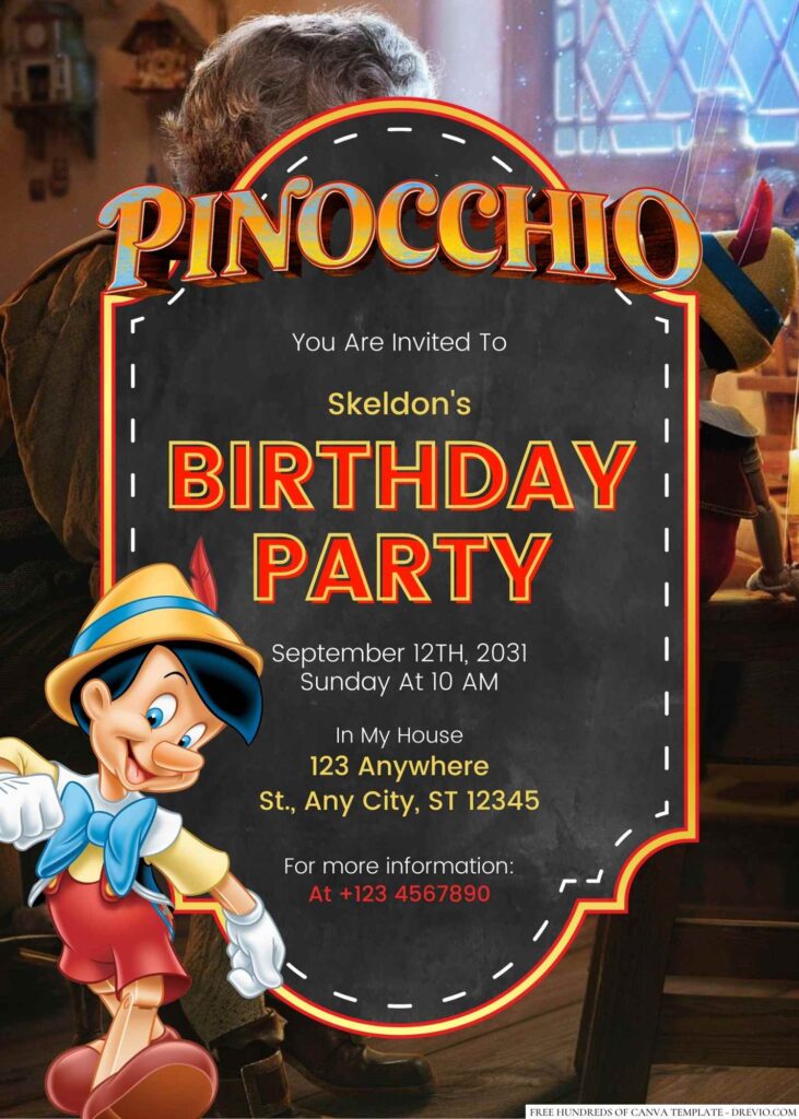 Free Editable Pinocchio Birthday Invitation