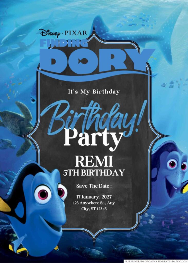 Free Editable Finding Dory Birthday Invitation