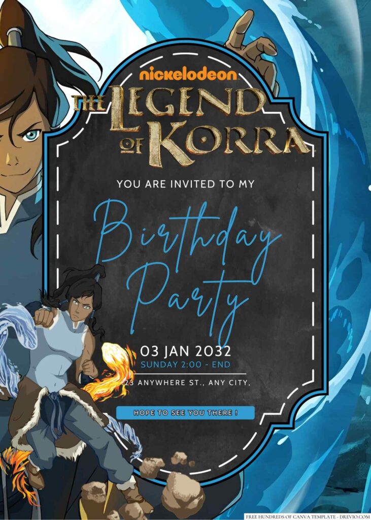 Free Editable Korra (Avatar The Legend of Korra) Birthday Invitation
