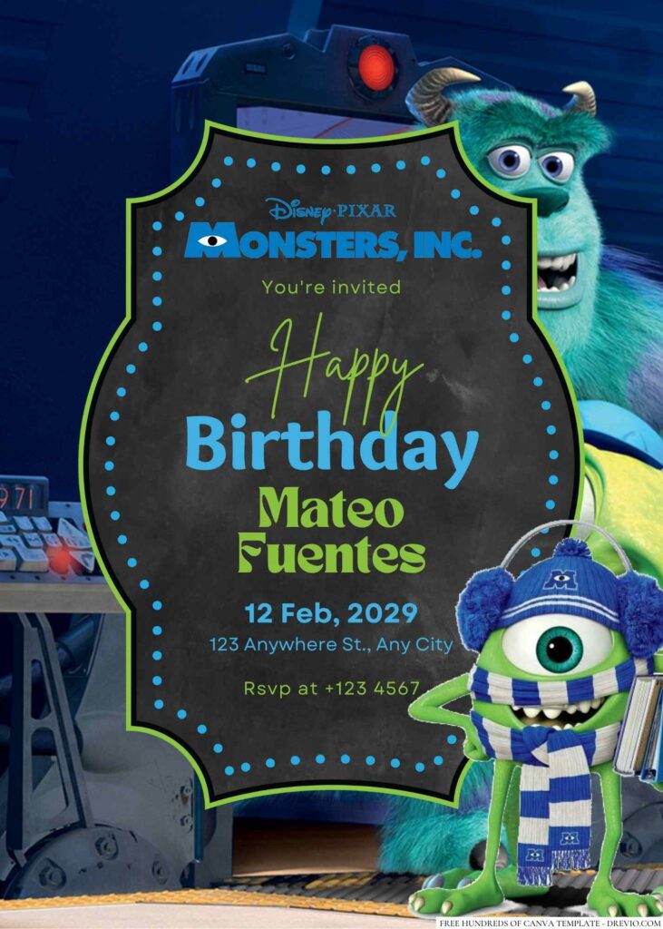 Free Editable Mike Wazowski from Monsters Inc. Birthday Invitation