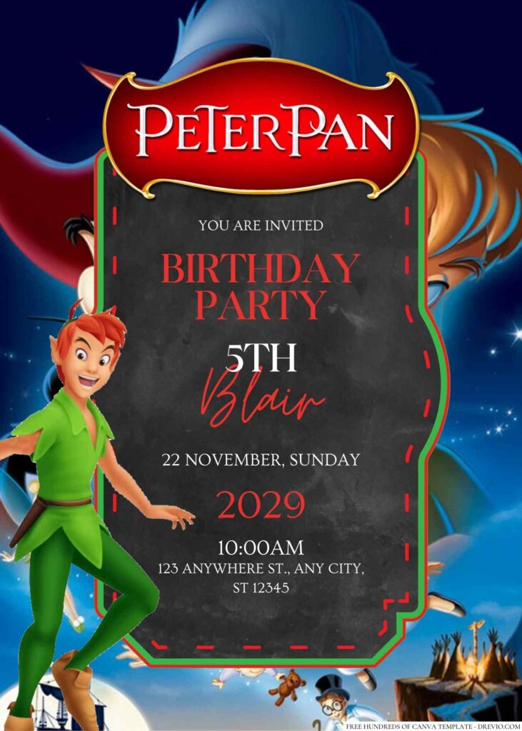 Free Editable Peter Pan Birthday invitation